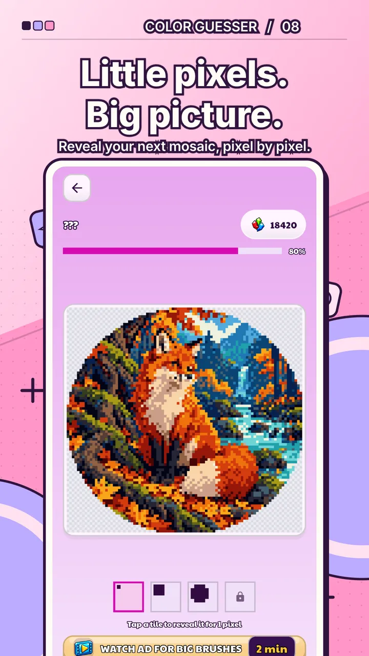 Pixel-art mosaics revealed with the Pixels you earn