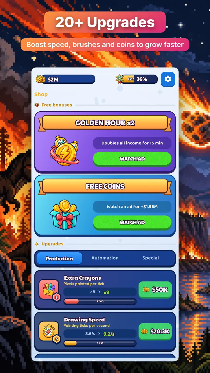 Shop with 20+ upgrades that speed up painting and earnings