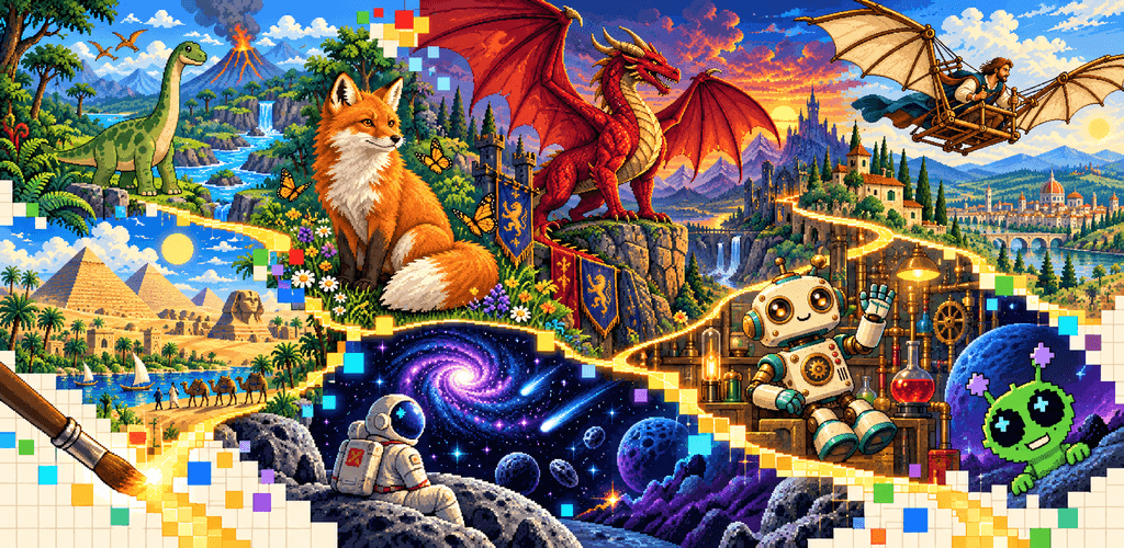 Motywy pixel art do odblokowania: dinozaury, starożytny Egipt, lis w lesie, smok i zamek, sterowiec, robot, kosmos i obcy