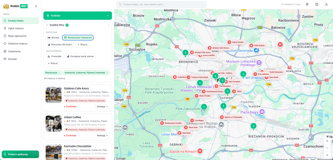 Mapa miejsc przyjaznych dzieciom w Krakowie z panelem filtrów