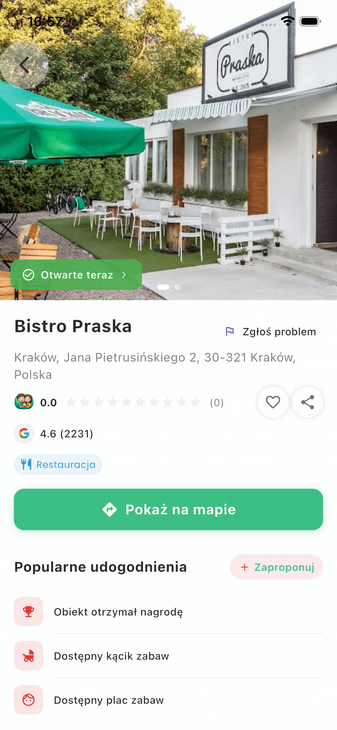 Karta miejsca „Bistro Praska” ze zdjęciem, ocenami i udogodnieniami