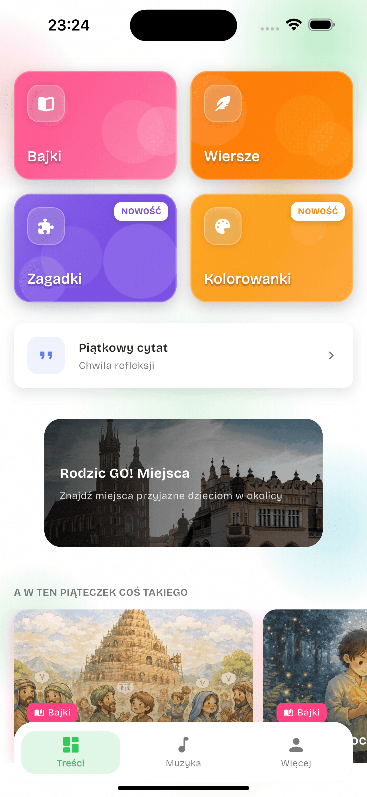 Ekran główny Rodzinnika z kategoriami treści: bajki, wiersze, zagadki i kolorowanki