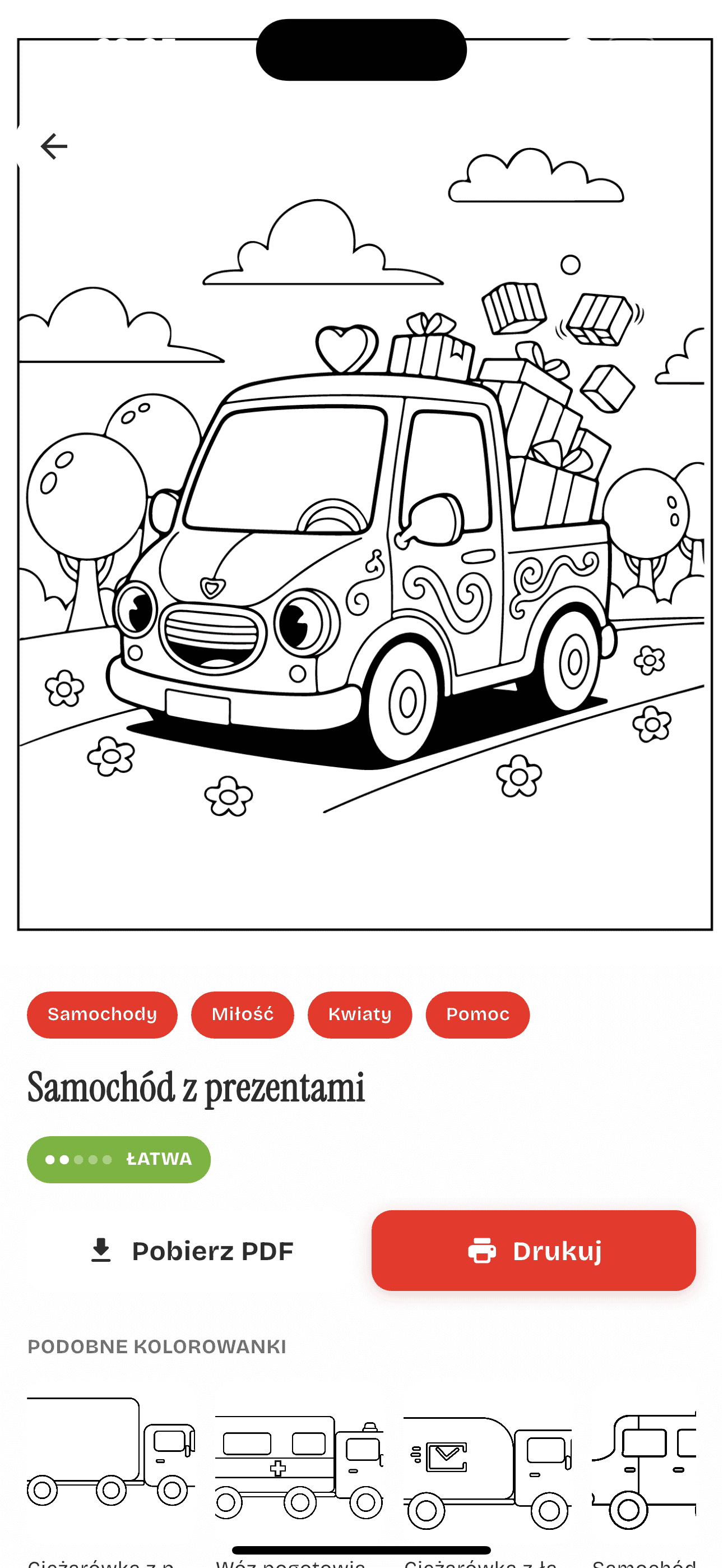 Kolorowanka „Samochód z prezentami” z opcją pobrania PDF i druku